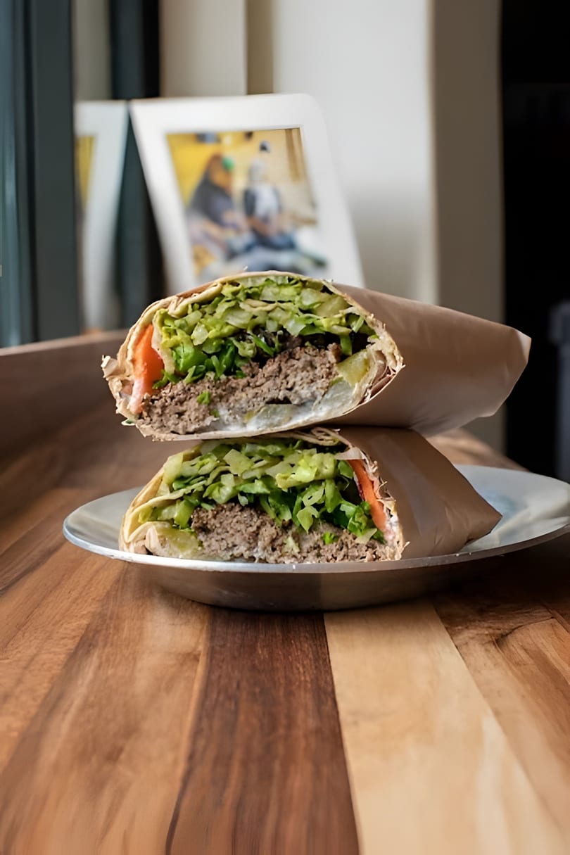 Two halves of a beef and lettuce wrap, cut and stacked on a metal plate.