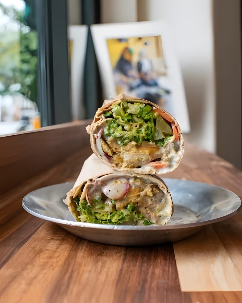 Two halves of a wrap filled with lettuce, radishes, and chicken, on a metal plate.